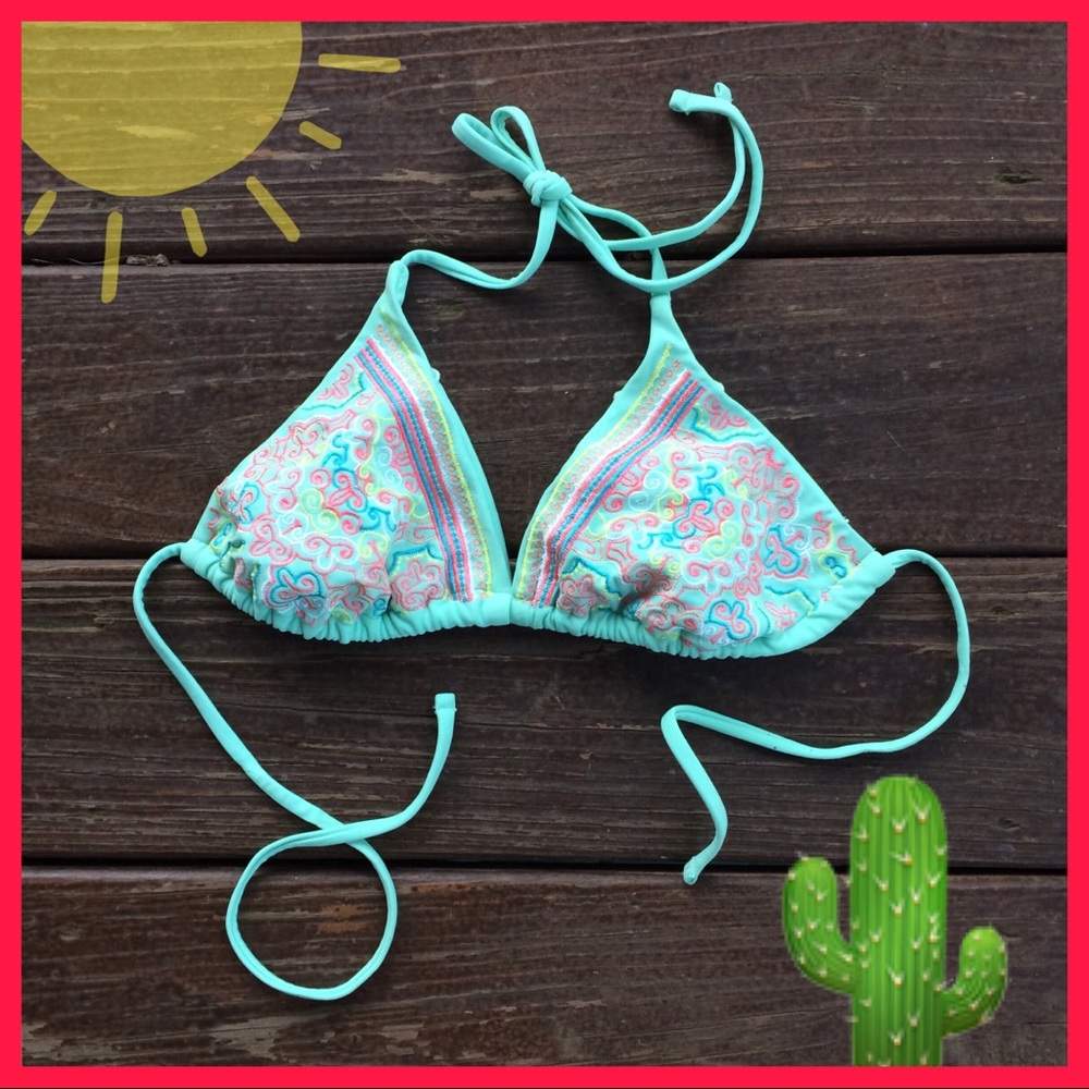 Blue Embroidered String Bikini Top